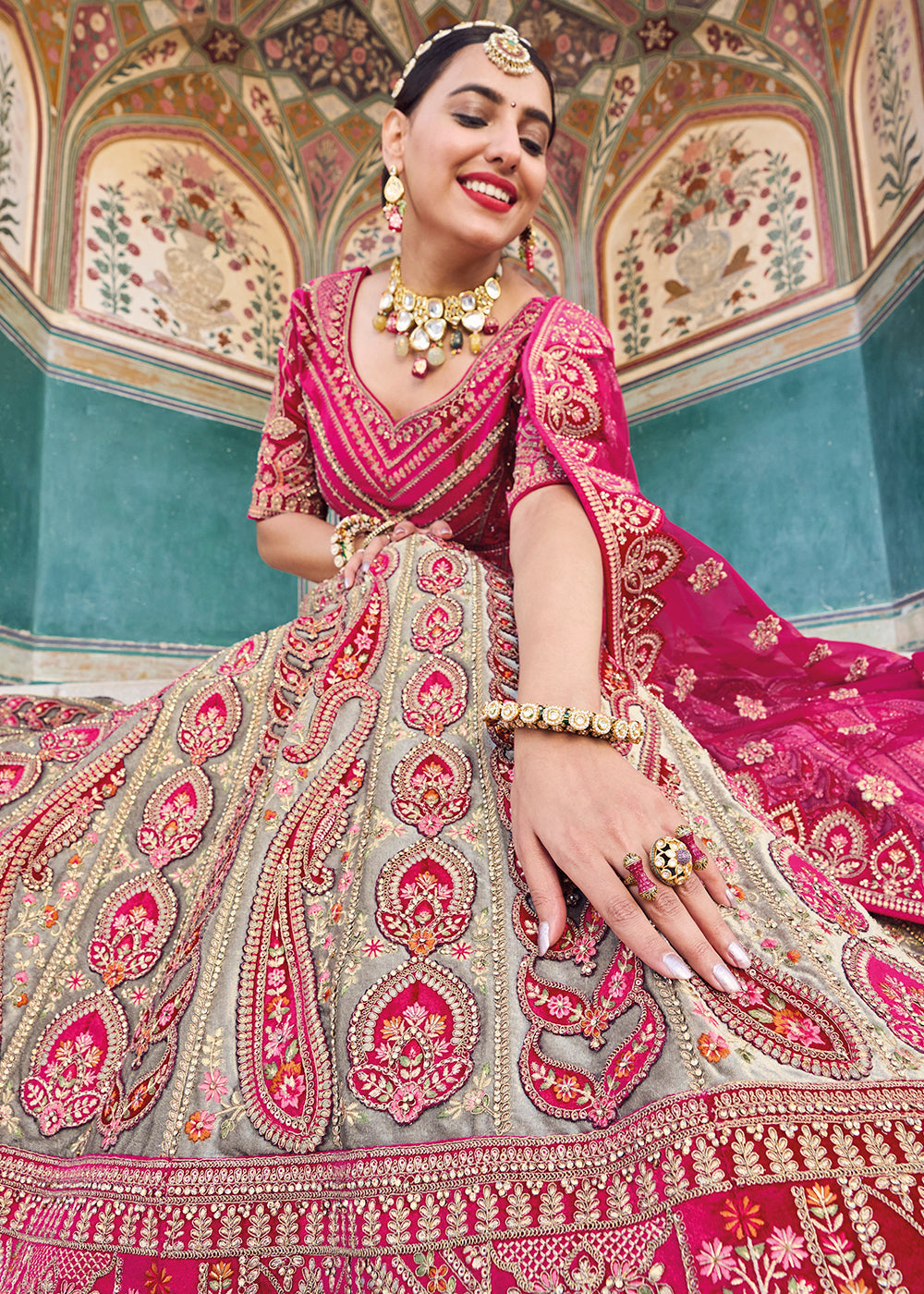 Green & Pink Embroided Designer Bridal Lehenga