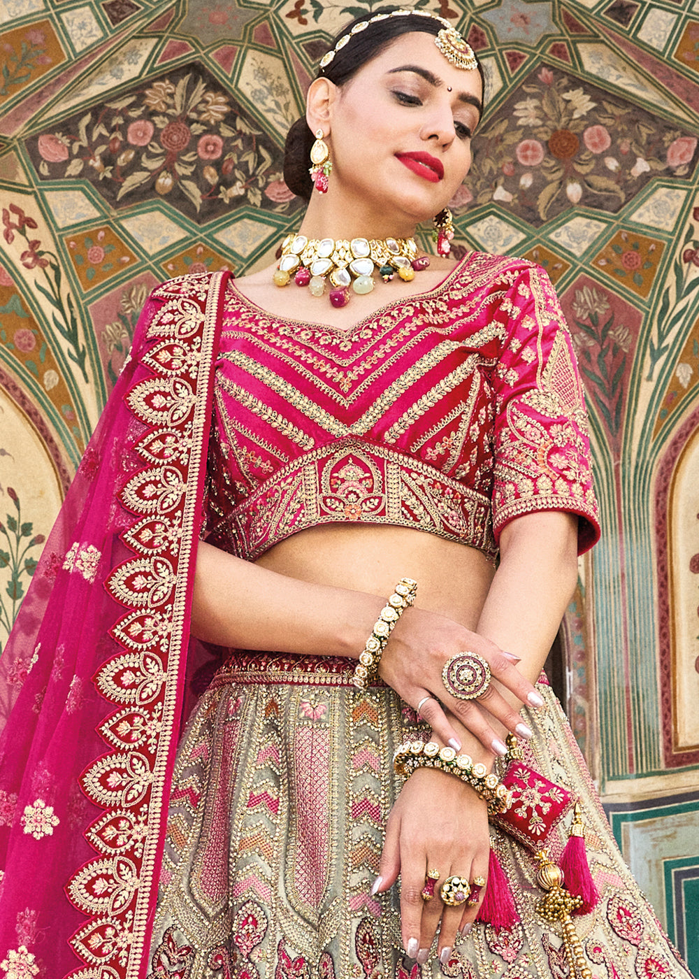 Green & Pink Embroided Designer Bridal Lehenga