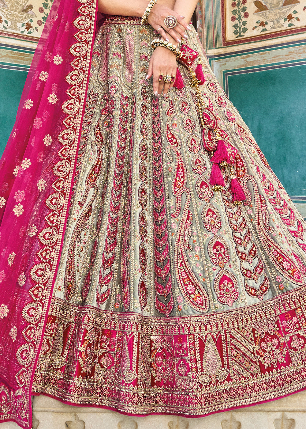 Green & Pink Embroided Designer Bridal Lehenga