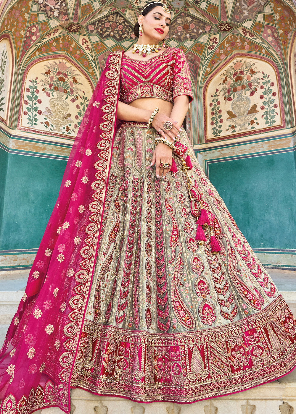 Green & Pink Embroided Designer Bridal Lehenga