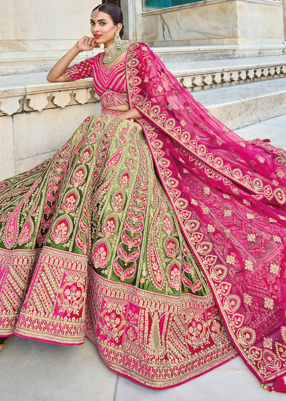 Green Heavy Embroided Designer Bridal Lehenga