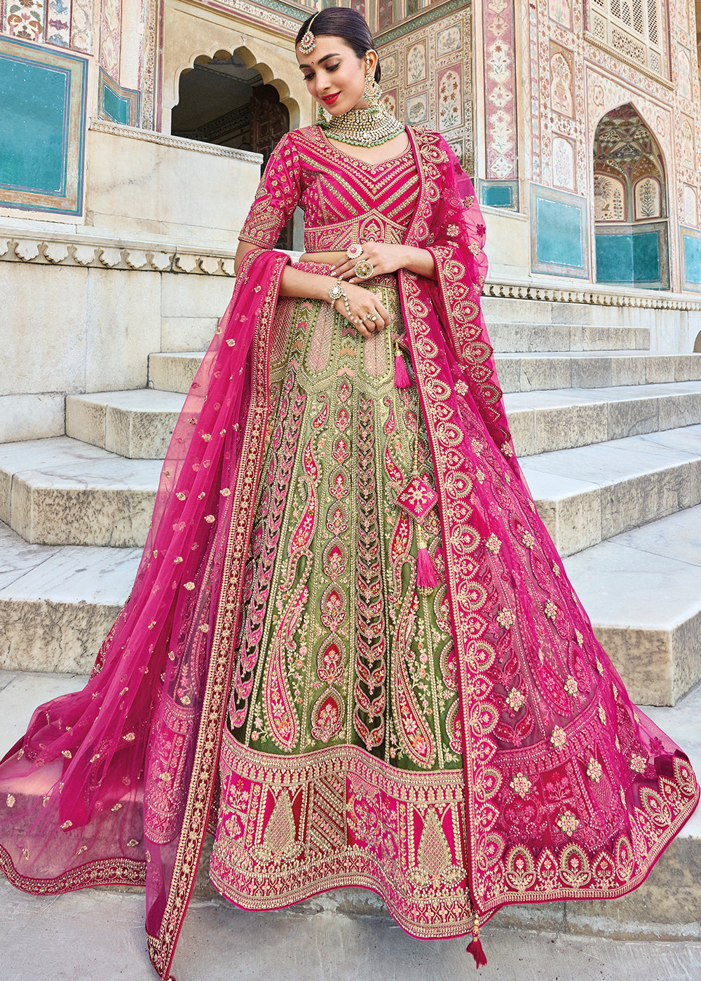 Green Heavy Embroided Designer Bridal Lehenga