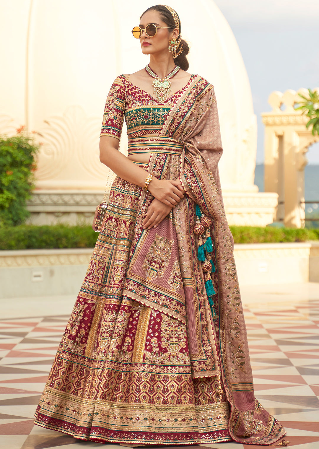Rose Pink & Red Woven Traditional Patola Silk Lehenga