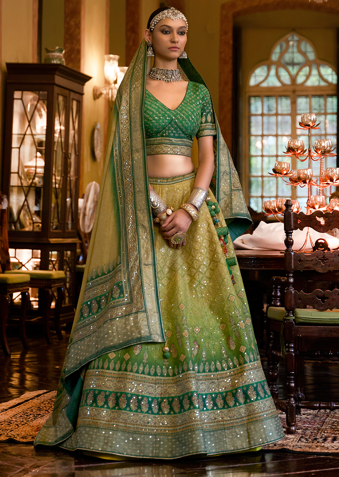 Green Woven Traditional Silk Lehenga