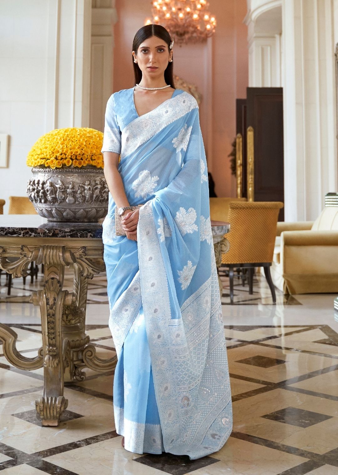 Sky Blue Hand Woven Cotton Saree