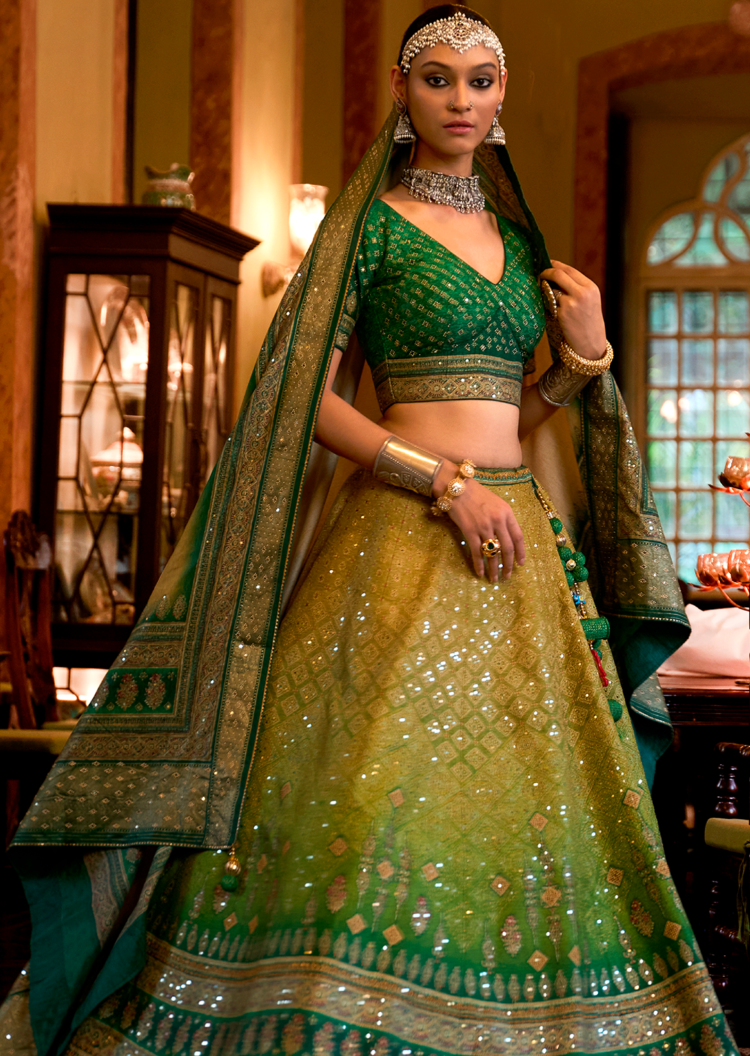 Green Woven Traditional Silk Lehenga