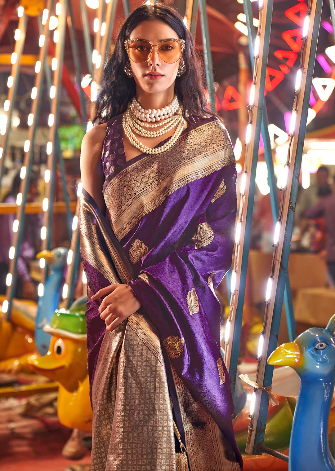 Purple Woven Kanchipuram Banarasi Silk Saree