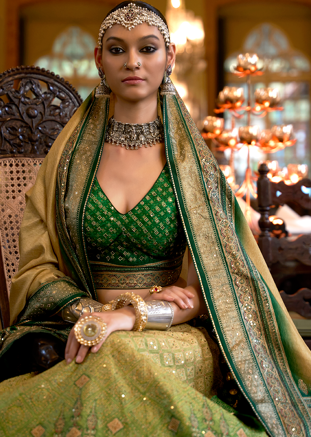Green Woven Traditional Silk Lehenga