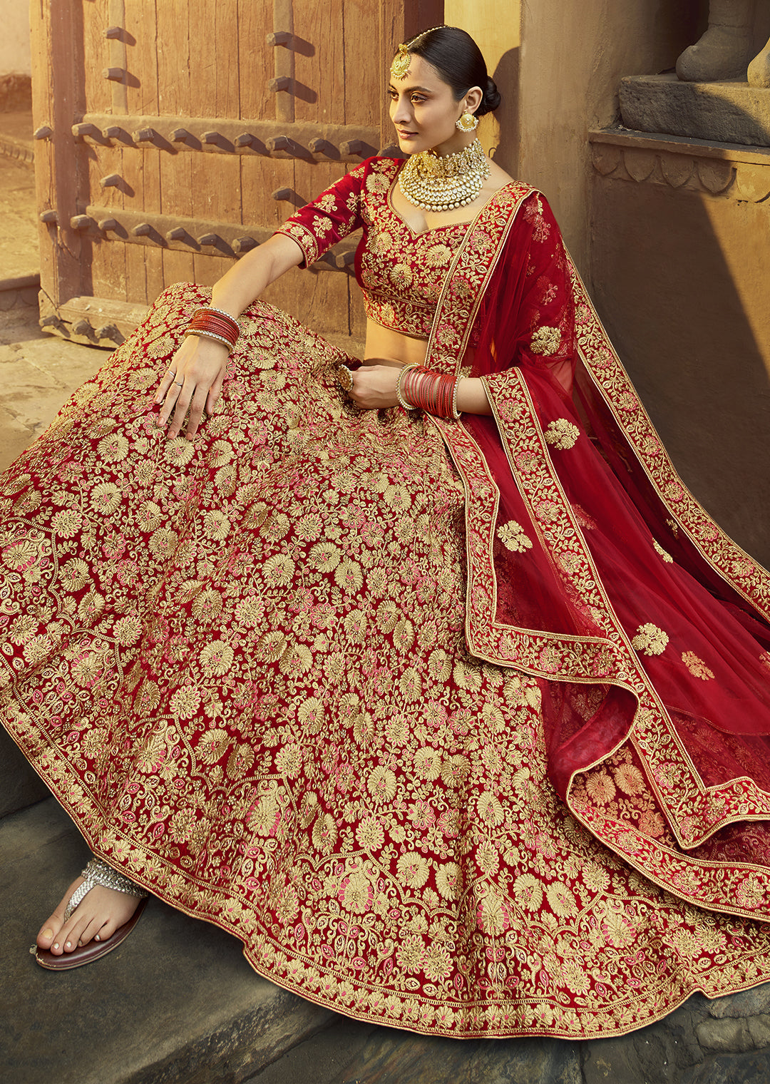 Red Heavy Zari Embroided Velvet Designer Bridal Lehenga