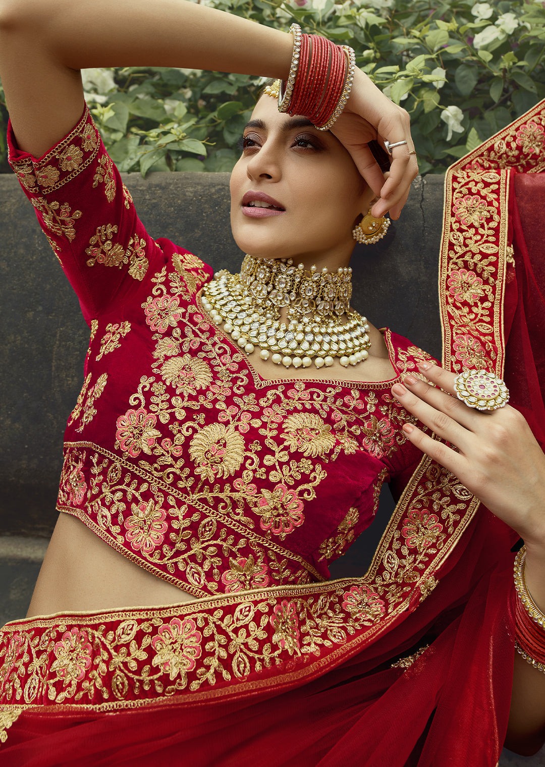Red Heavy Zari Embroided Velvet Designer Bridal Lehenga