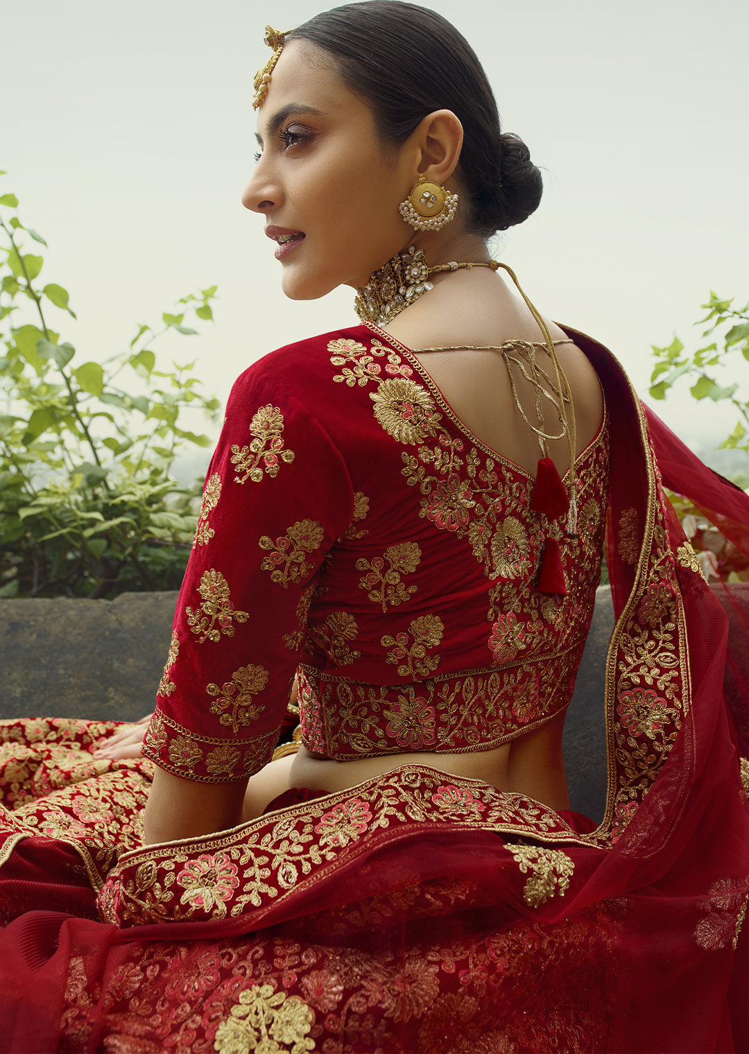 Red Heavy Zari Embroided Velvet Designer Bridal Lehenga