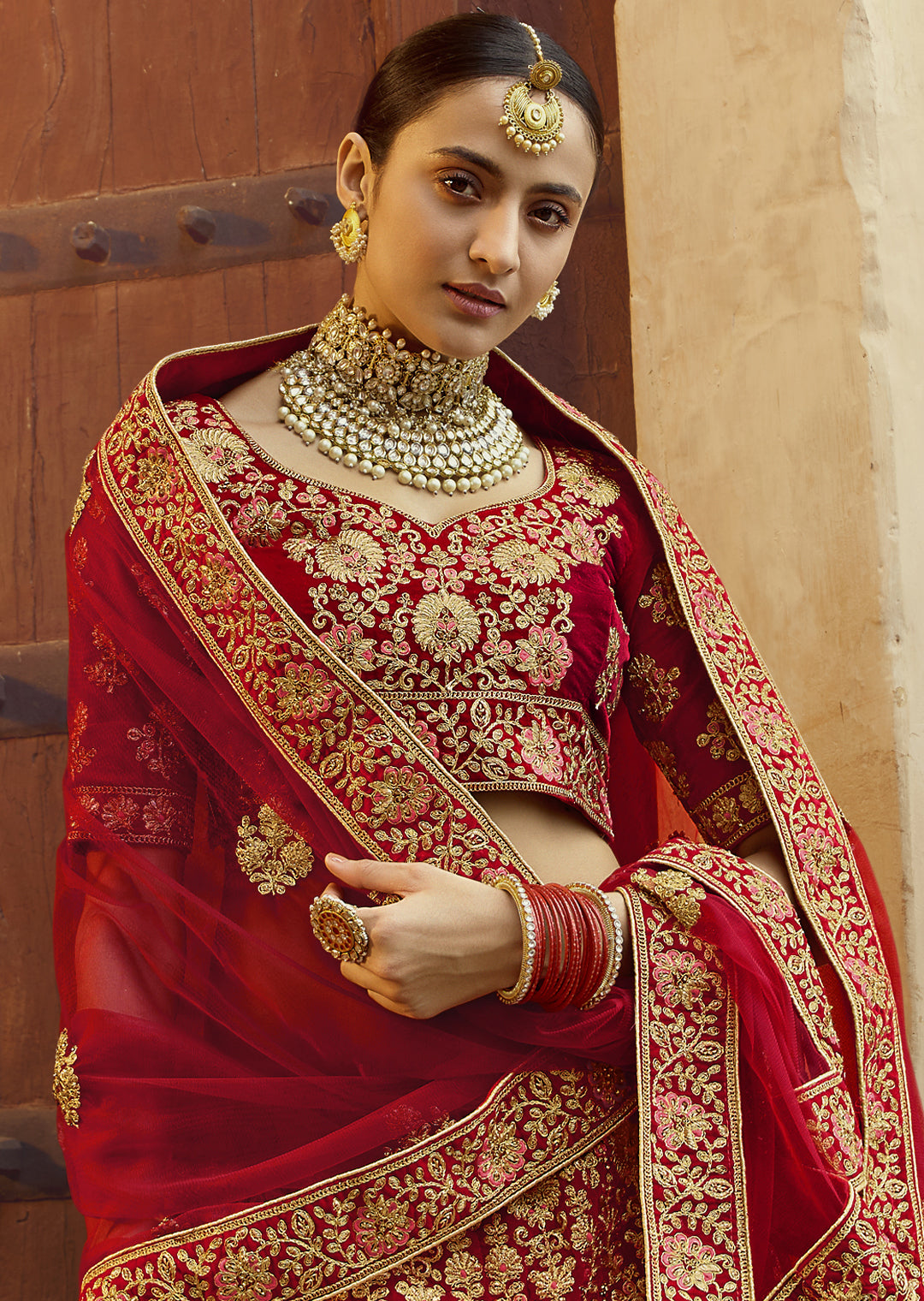 Red Heavy Zari Embroided Velvet Designer Bridal Lehenga
