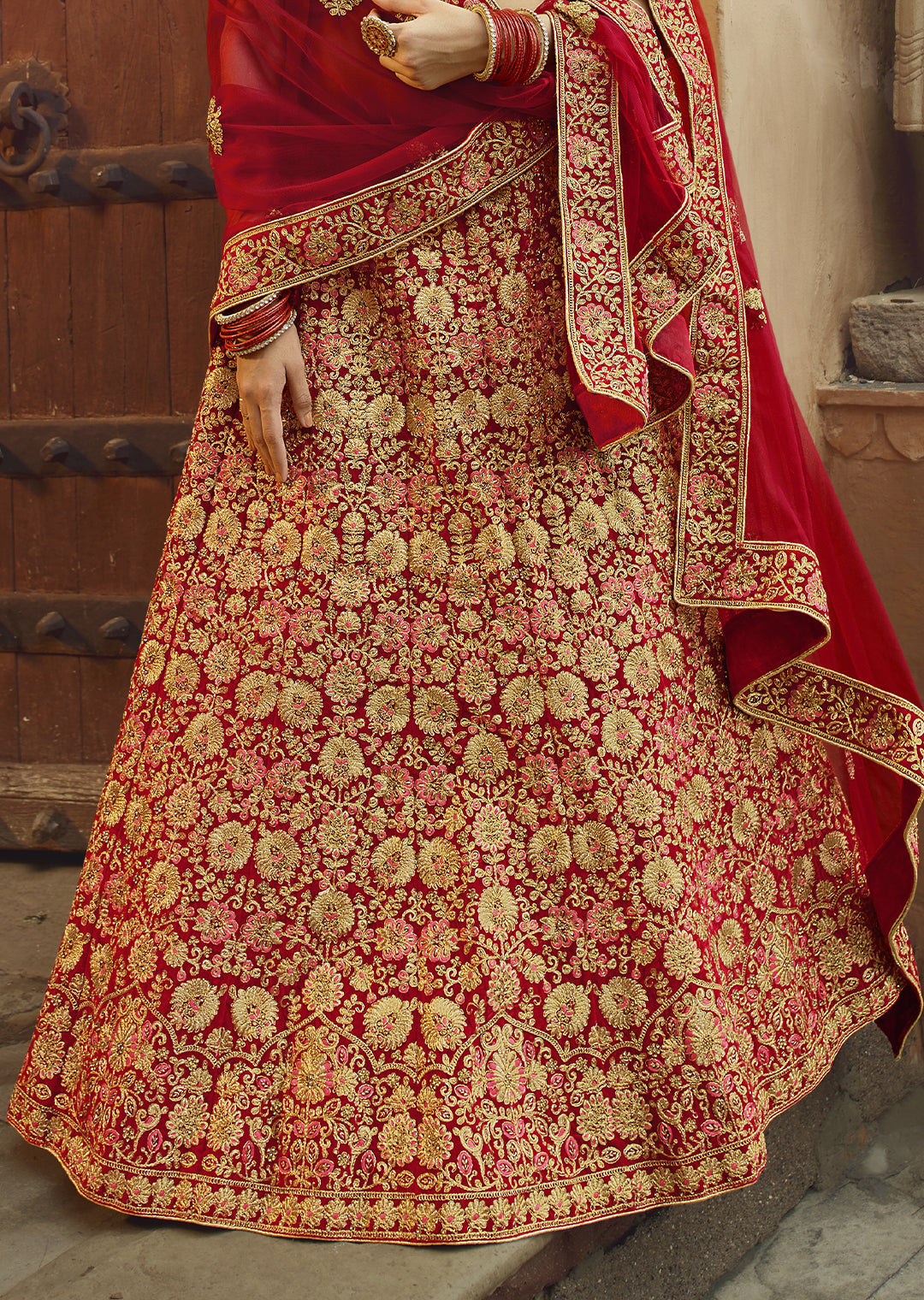 Red Heavy Zari Embroided Velvet Designer Bridal Lehenga
