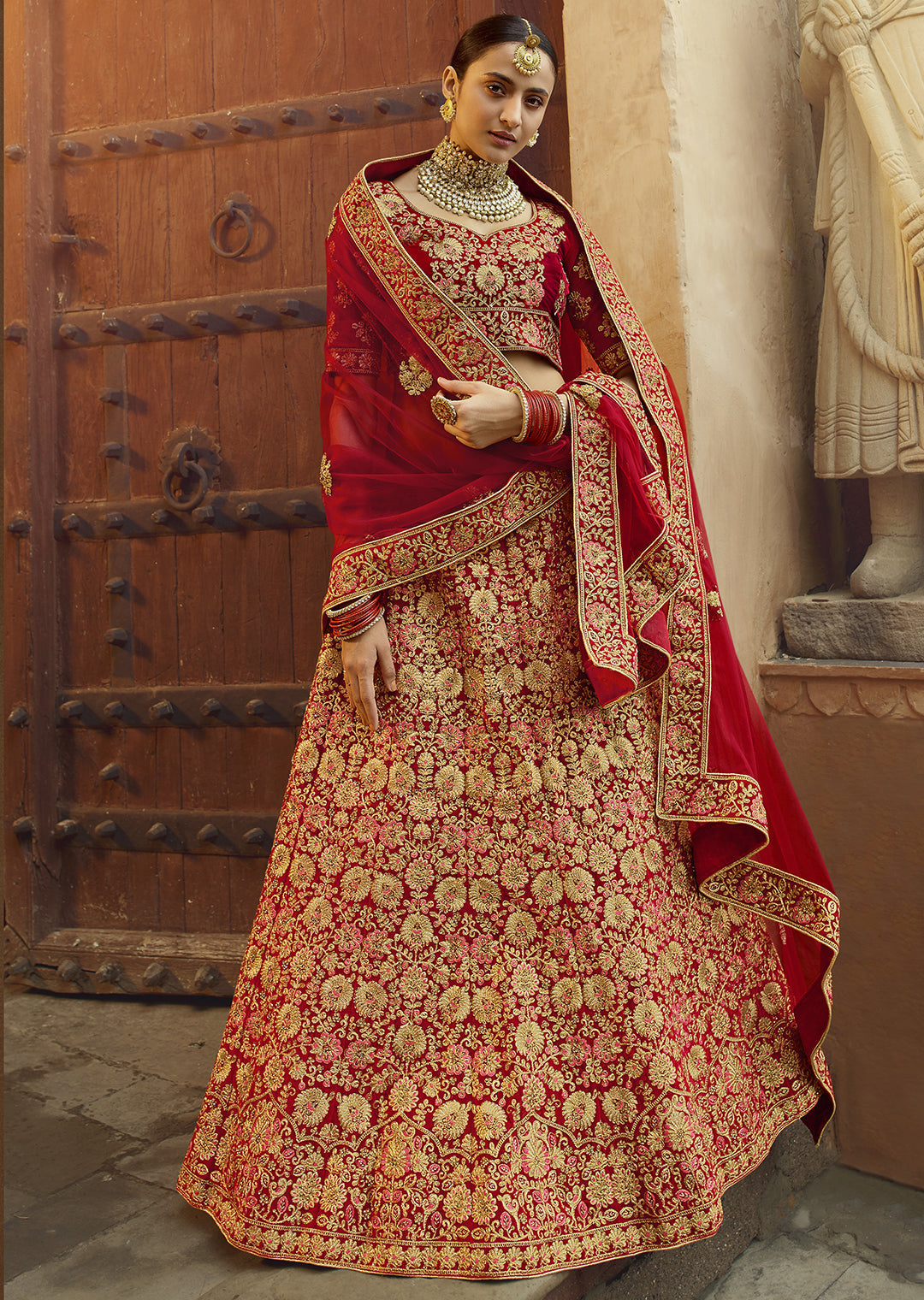 Red Heavy Zari Embroided Velvet Designer Bridal Lehenga