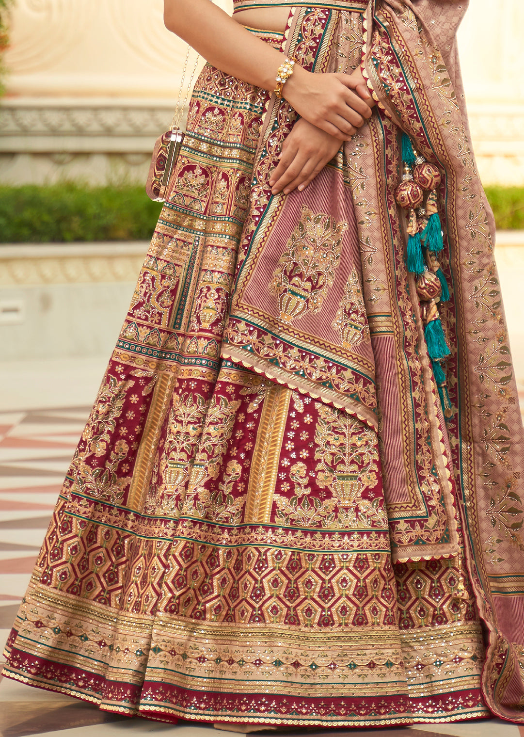 Rose Pink & Red Woven Traditional Patola Silk Lehenga