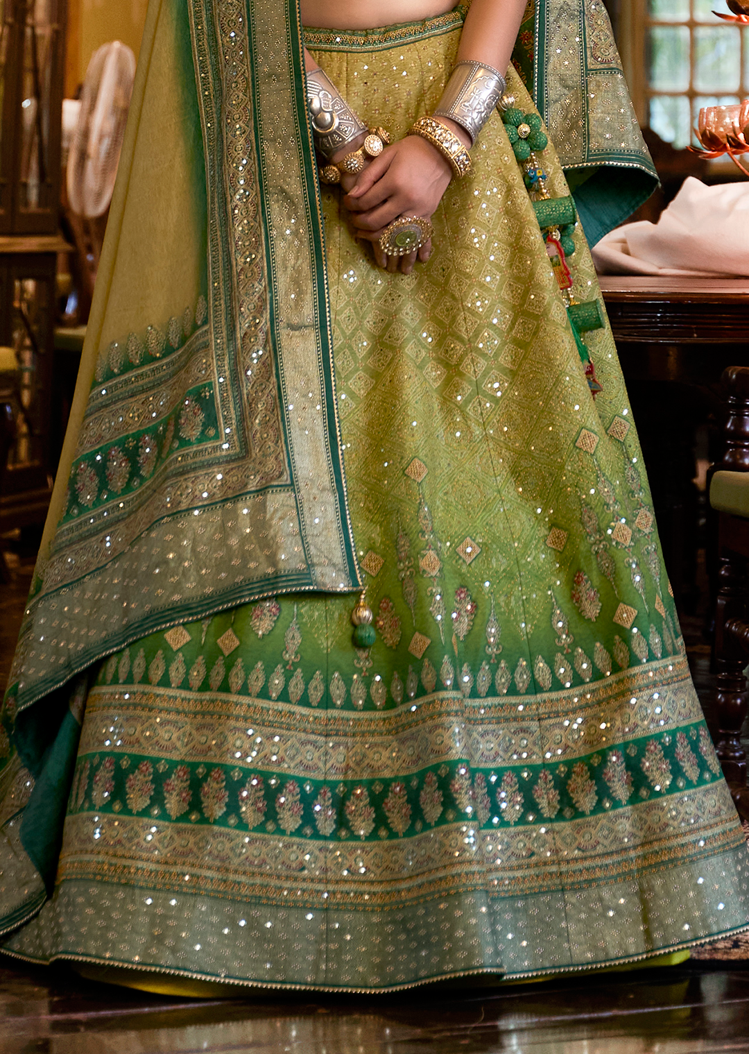 Green Woven Traditional Silk Lehenga