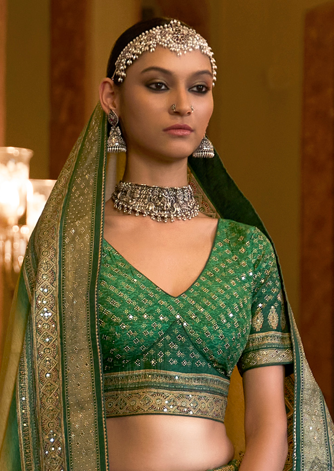 Green Woven Traditional Silk Lehenga