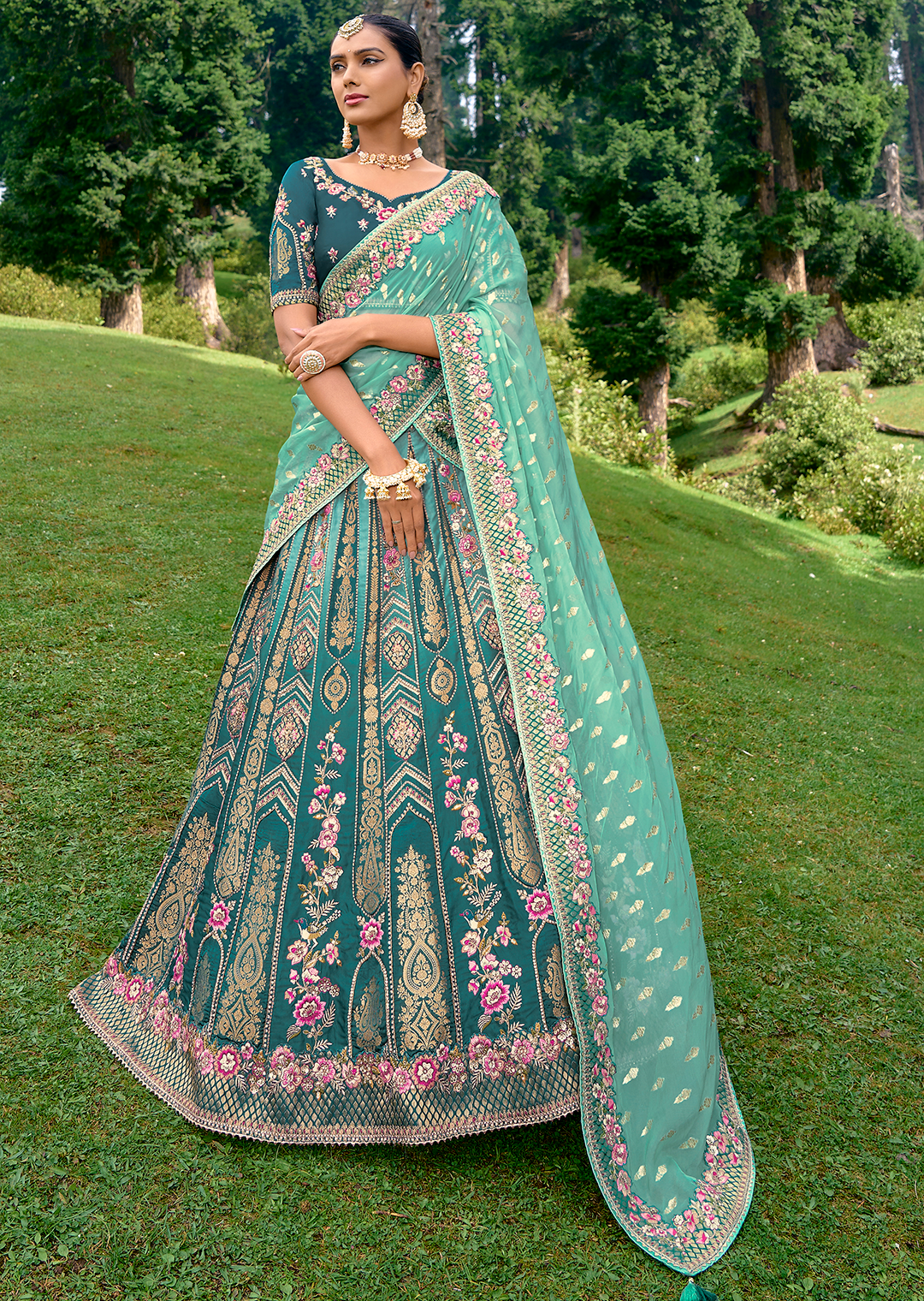 Teal Blue Heavy Embroidered Premium Designer Silk Lehenga Sale