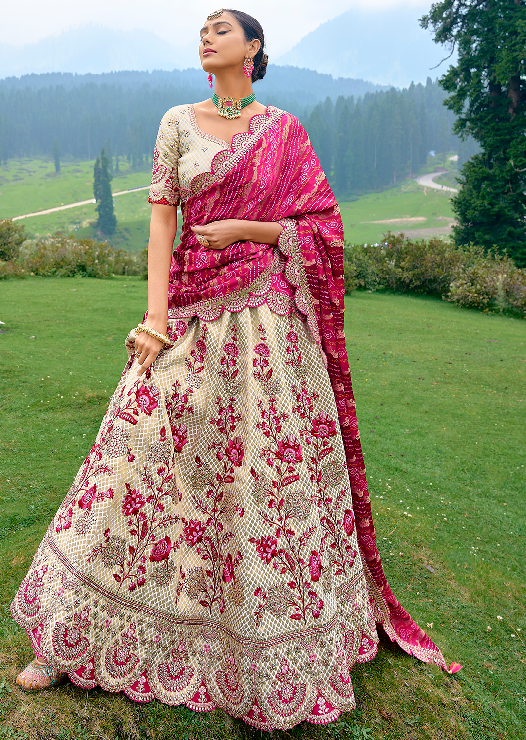 Pearl White & Pink Heavy Embroidered Premium Designer Silk Lehenga Sale