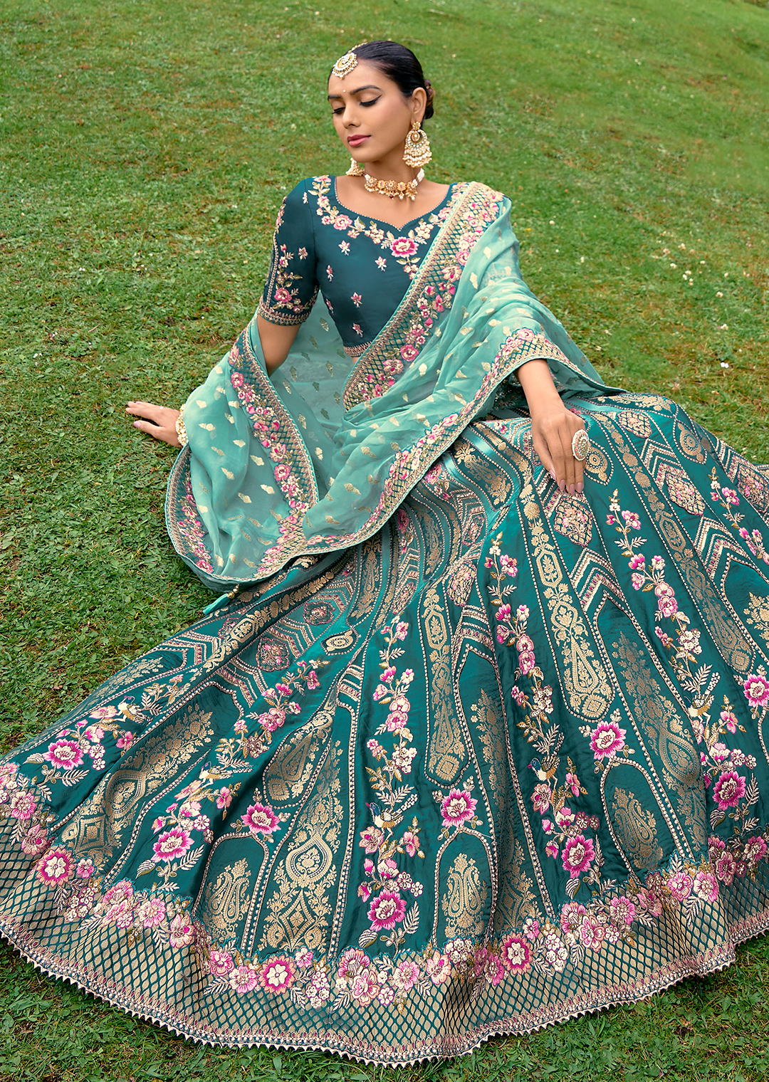 Teal Blue Heavy Embroidered Premium Designer Silk Lehenga Sale