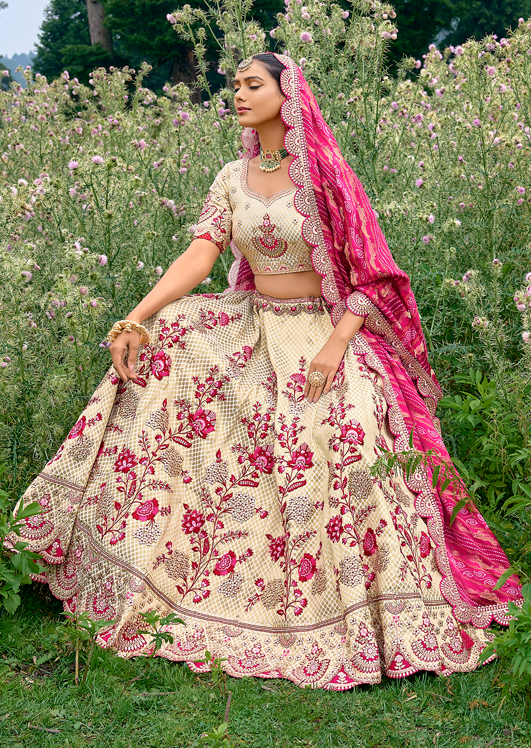 Pearl White & Pink Heavy Embroidered Premium Designer Silk Lehenga Sale