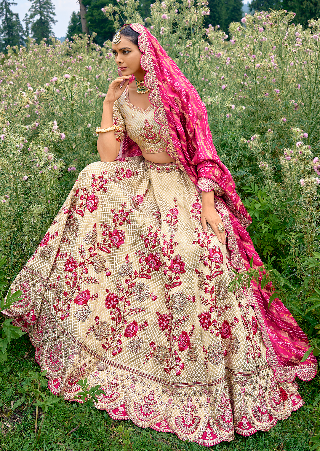 Pearl White & Pink Heavy Embroidered Premium Designer Silk Lehenga Sale