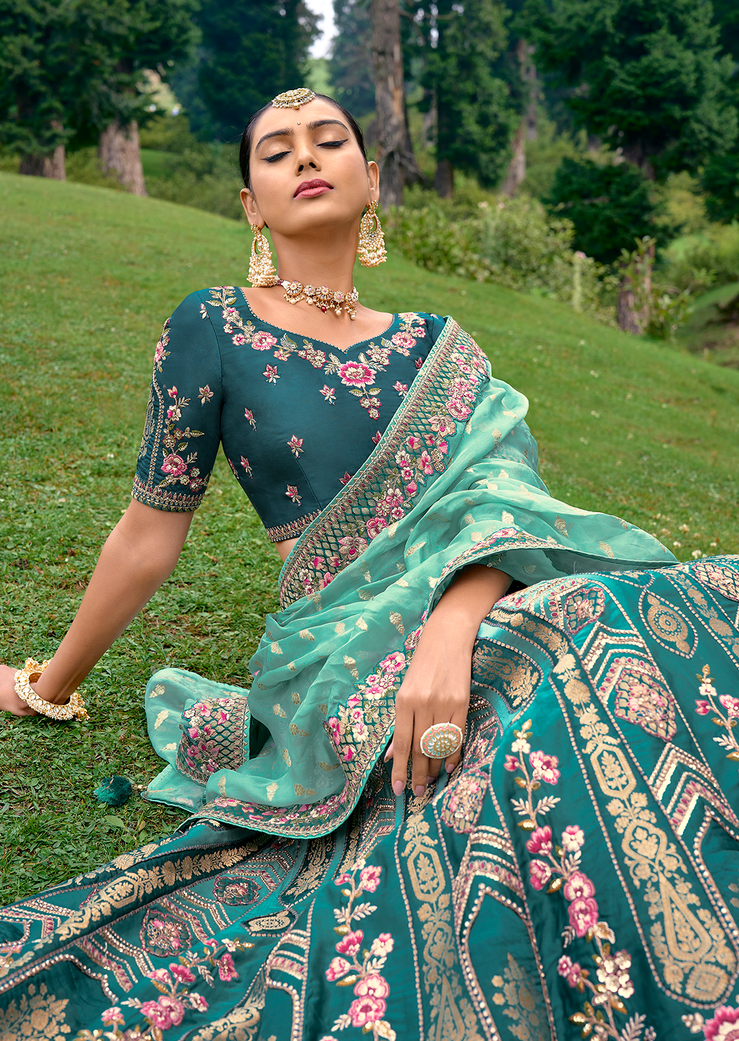 Teal Blue Heavy Embroidered Premium Designer Silk Lehenga Sale