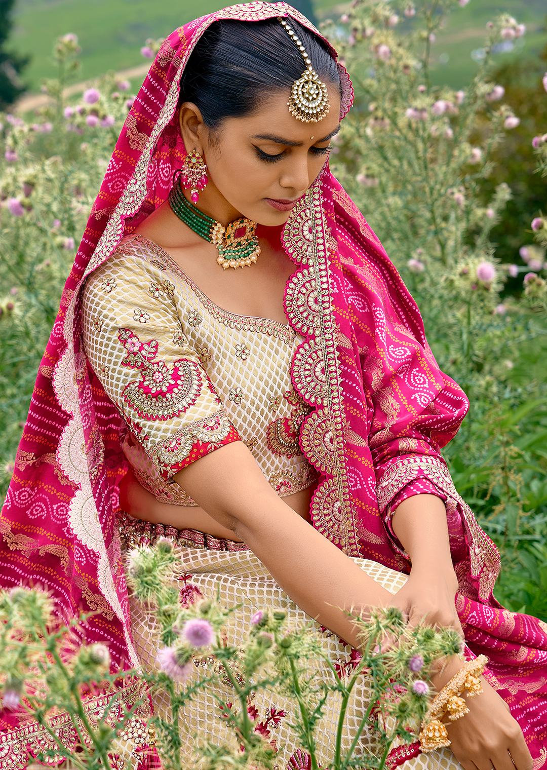 Pearl White & Pink Heavy Embroidered Premium Designer Silk Lehenga Sale