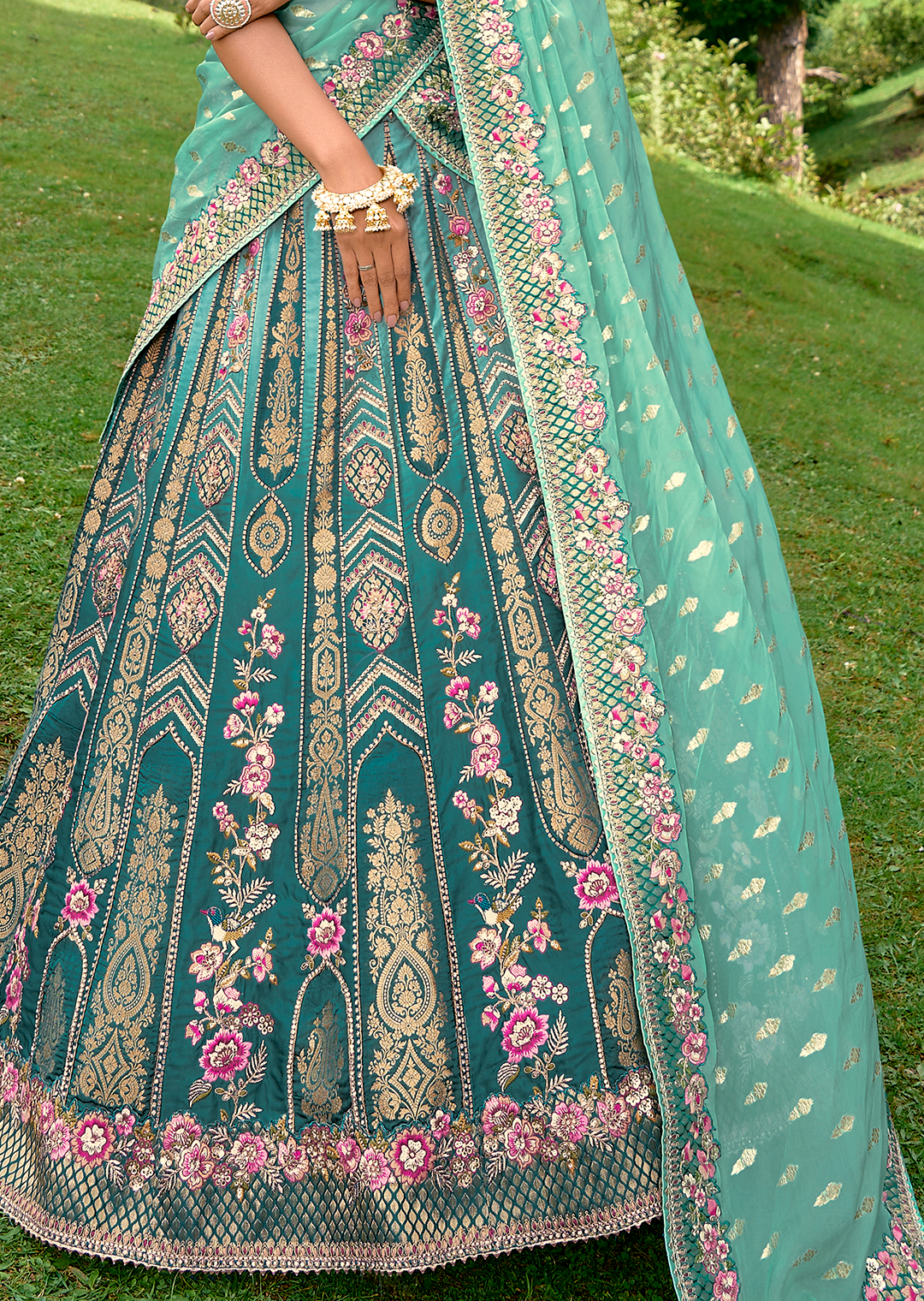Teal Blue Heavy Embroidered Premium Designer Silk Lehenga Sale