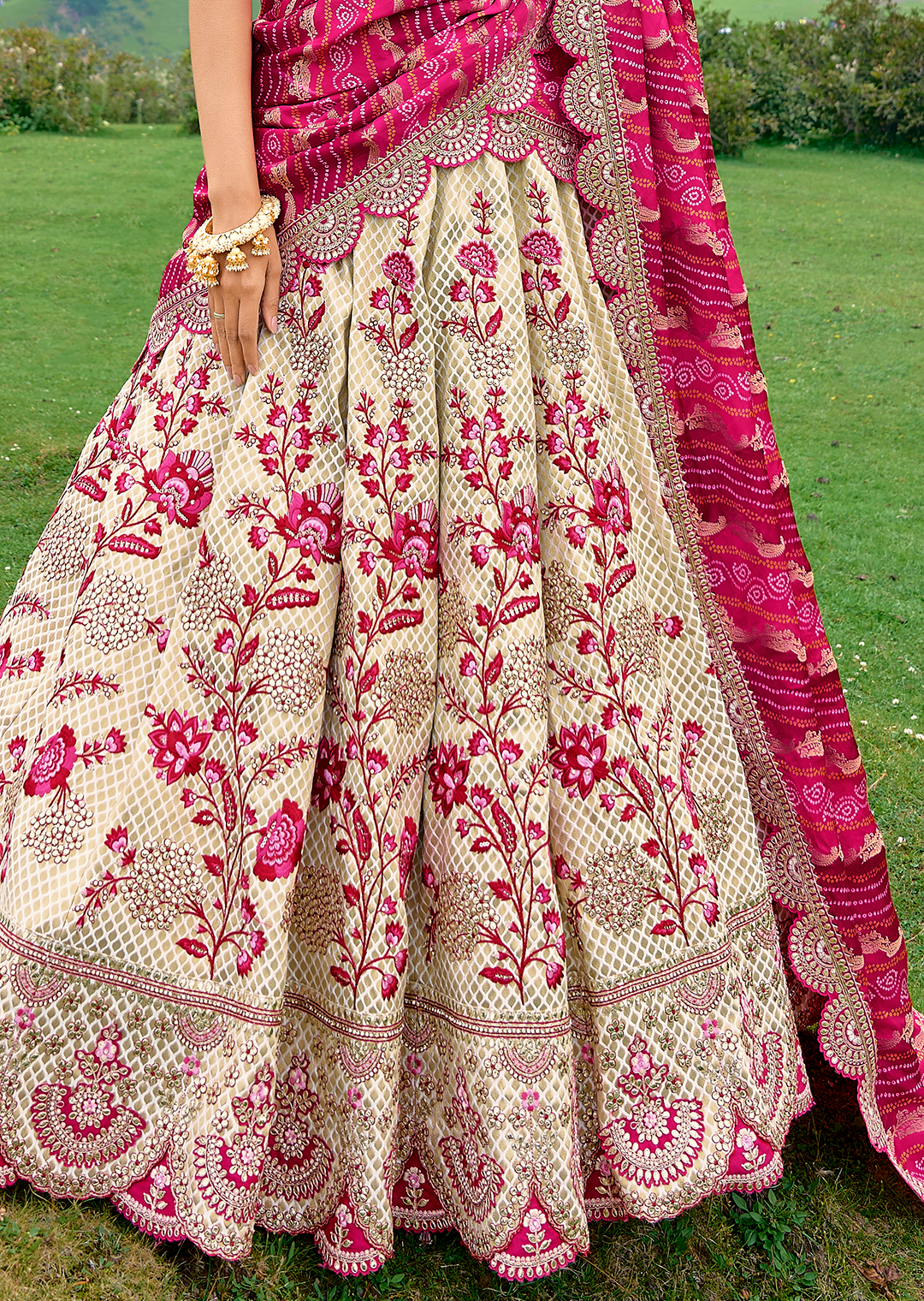 Pearl White & Pink Heavy Embroidered Premium Designer Silk Lehenga Sale