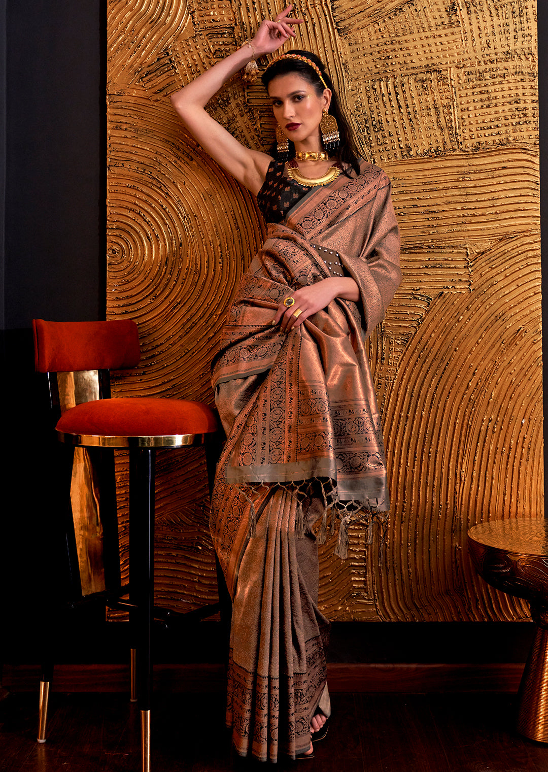 Black Copper Zari Kanchipuram Silk Saree