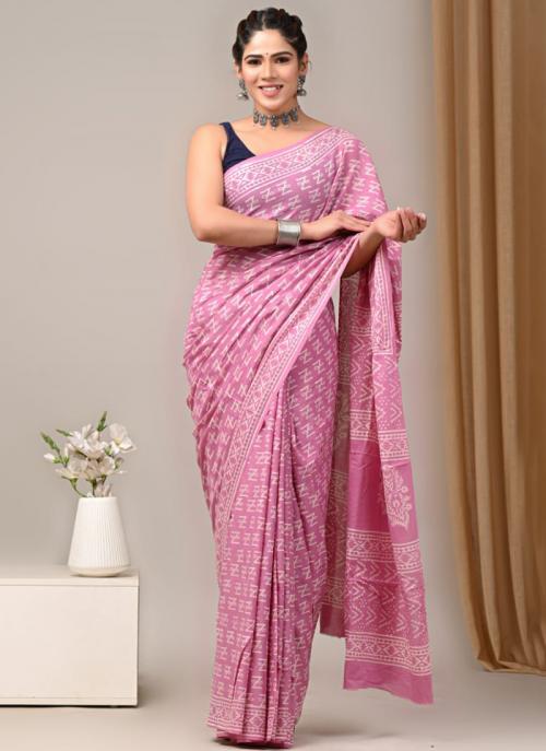 Pink Cotton Printed Casual Saree