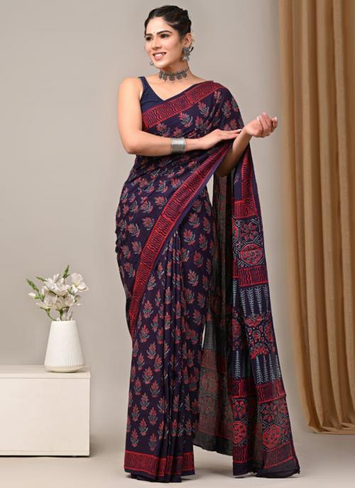Purple Cotton Printed Saree