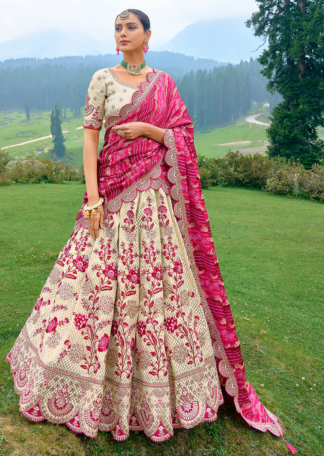 Pearl White & Pink Heavy Embroidered Premium Designer Silk Lehenga                          Sale