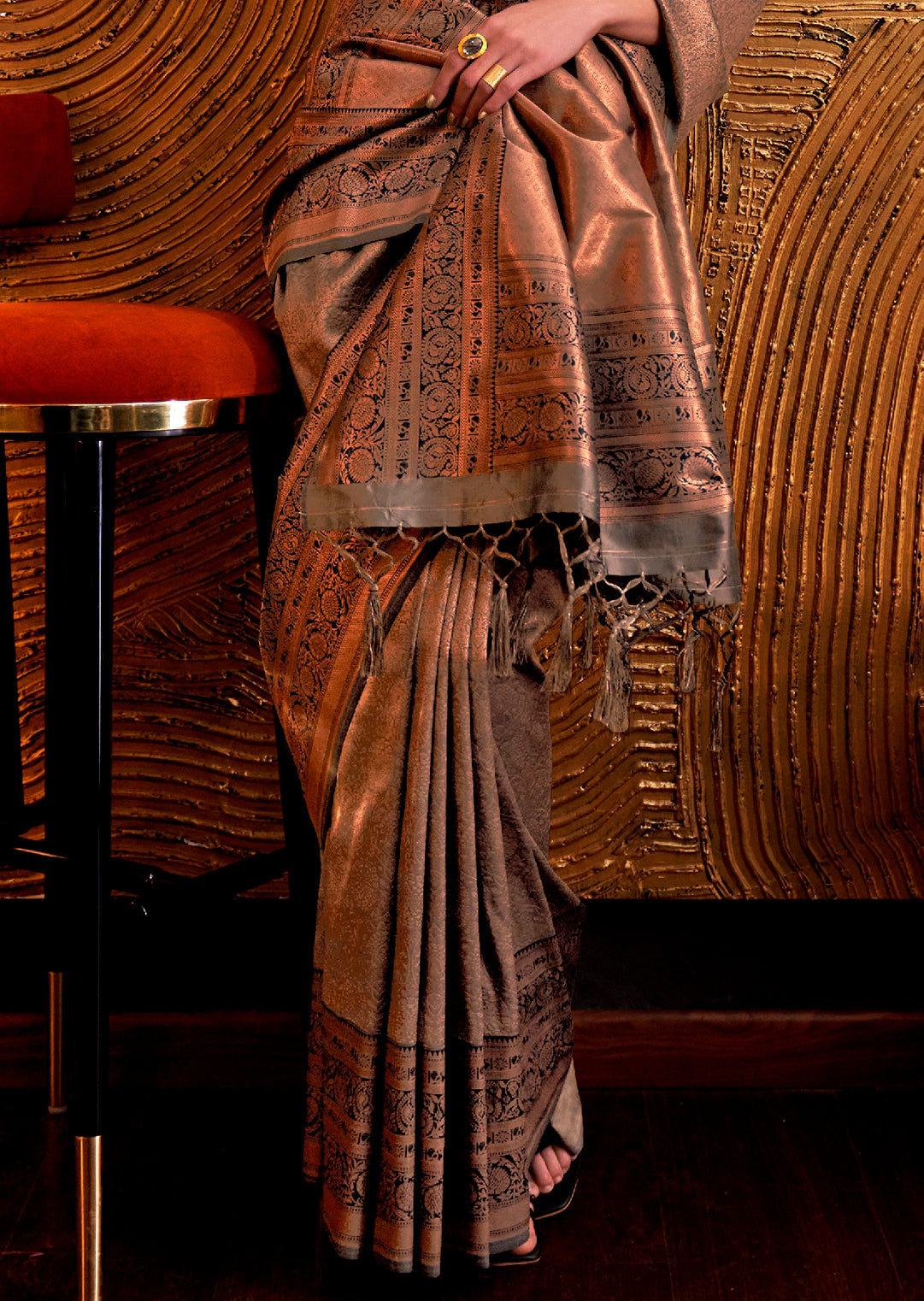 Black Copper Zari Kanchipuram Silk Saree
